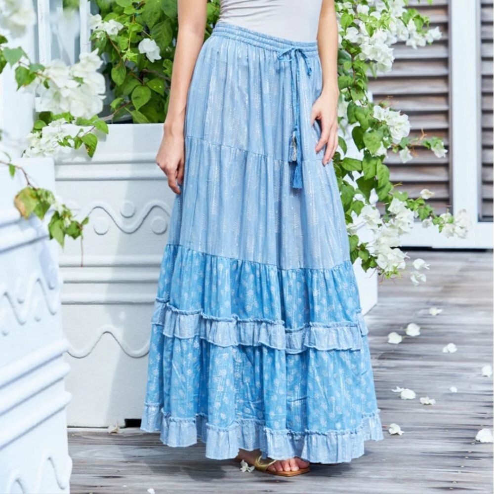 Debbie Katz Giulia Blue Tiered Boho Maxi Ruffle Metallic Print Size XL NWT